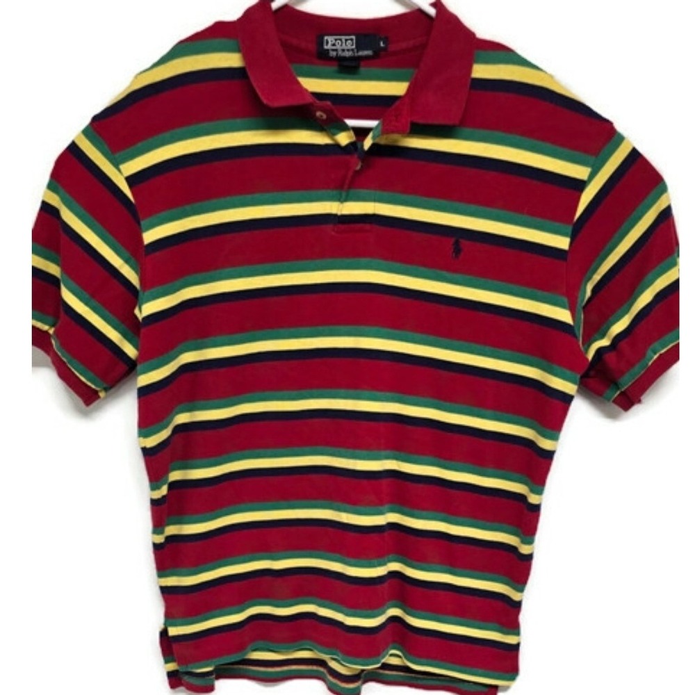 Vintage Polo Ralph Lauren Striped Polo Shirt Mens Large Made in USA Red Green